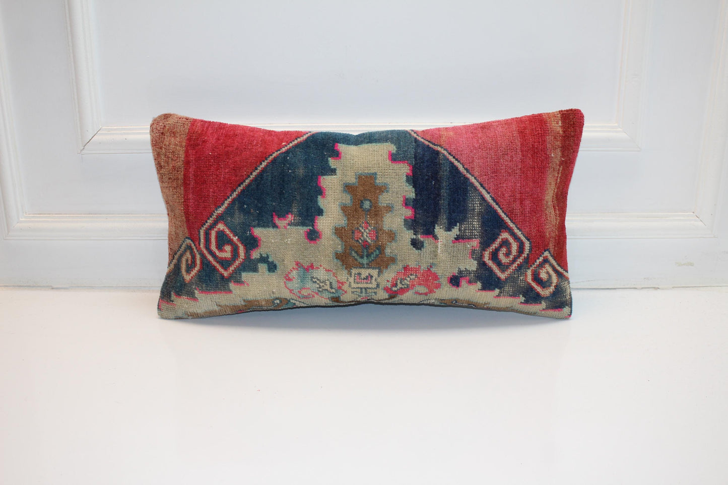 Bold Tribal Medallion Rug Cushion, Red & Indigo Bench Accent Decor (12x24 in)