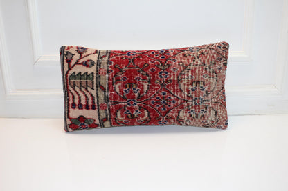 Antique Anatolian Rug Cushion, Tribal Red Medallion Bench Pillow (12x24 in)