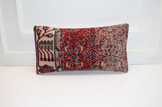 Antique Anatolian Rug Cushion, Tribal Red Medallion Bench Pillow (12x24 in)