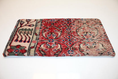 Antique Anatolian Rug Cushion, Tribal Red Medallion Bench Pillow (12x24 in)
