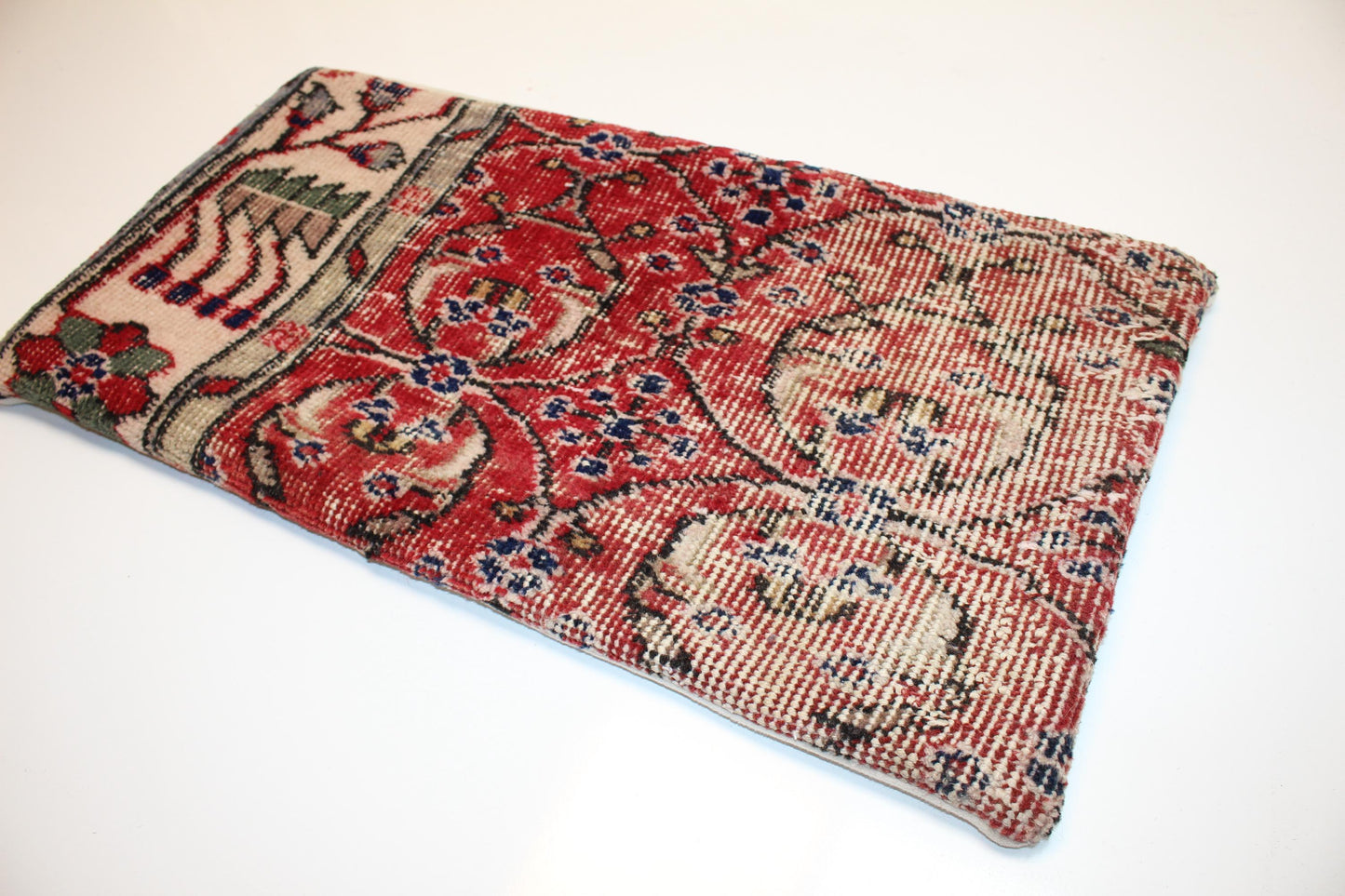 Antique Anatolian Rug Cushion, Tribal Red Medallion Bench Pillow (12x24 in)