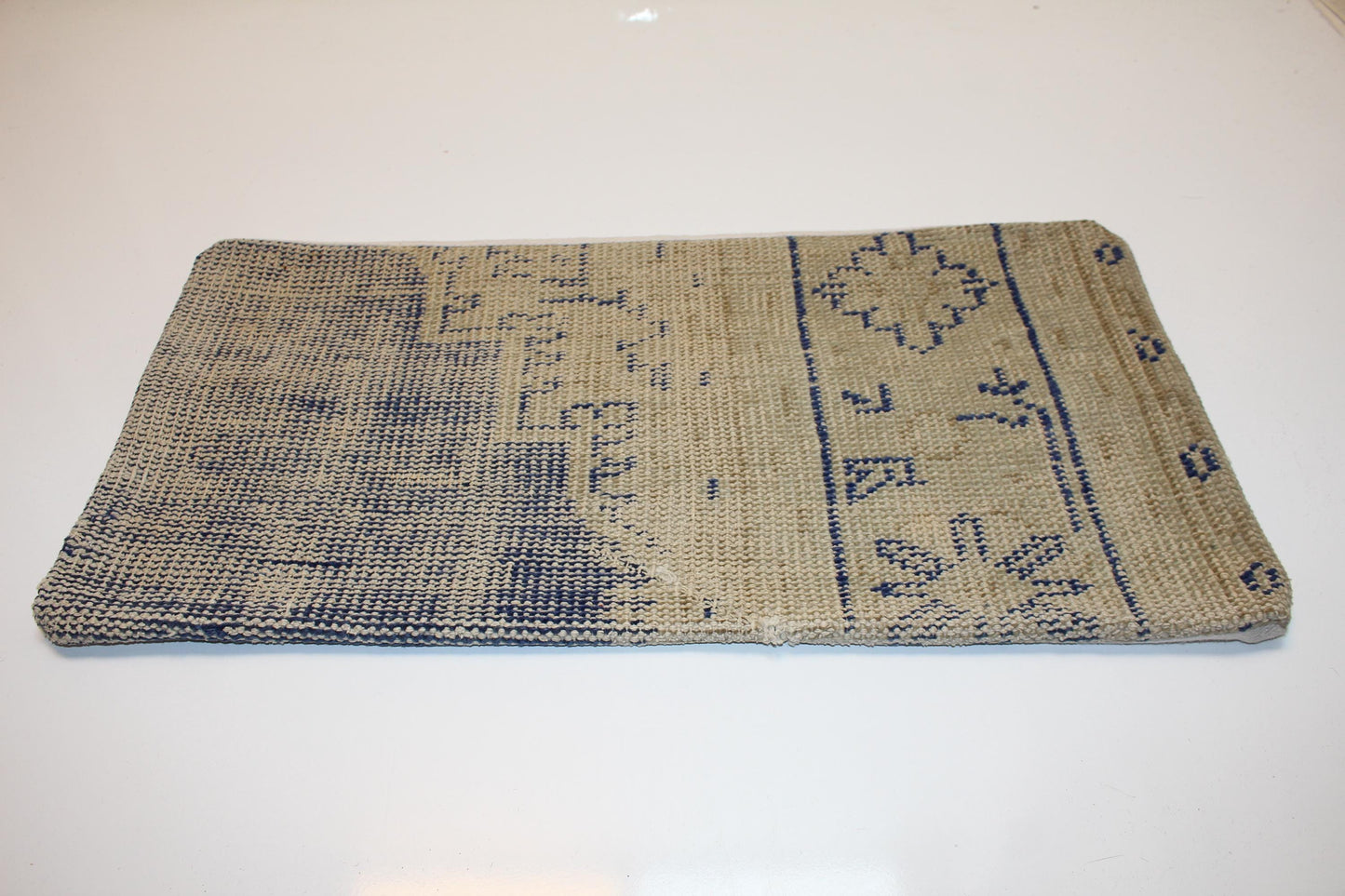 Faded Blue Tribal Rug Cushion, Neutral Anatolian Bench Pillow (12x24 in)