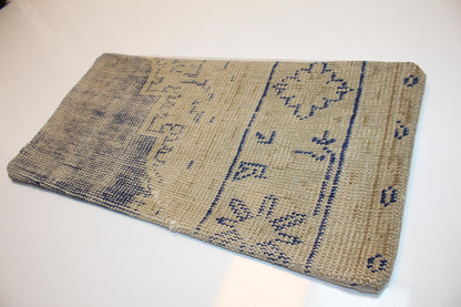 Faded Blue Tribal Rug Cushion, Neutral Anatolian Bench Pillow (12x24 in)