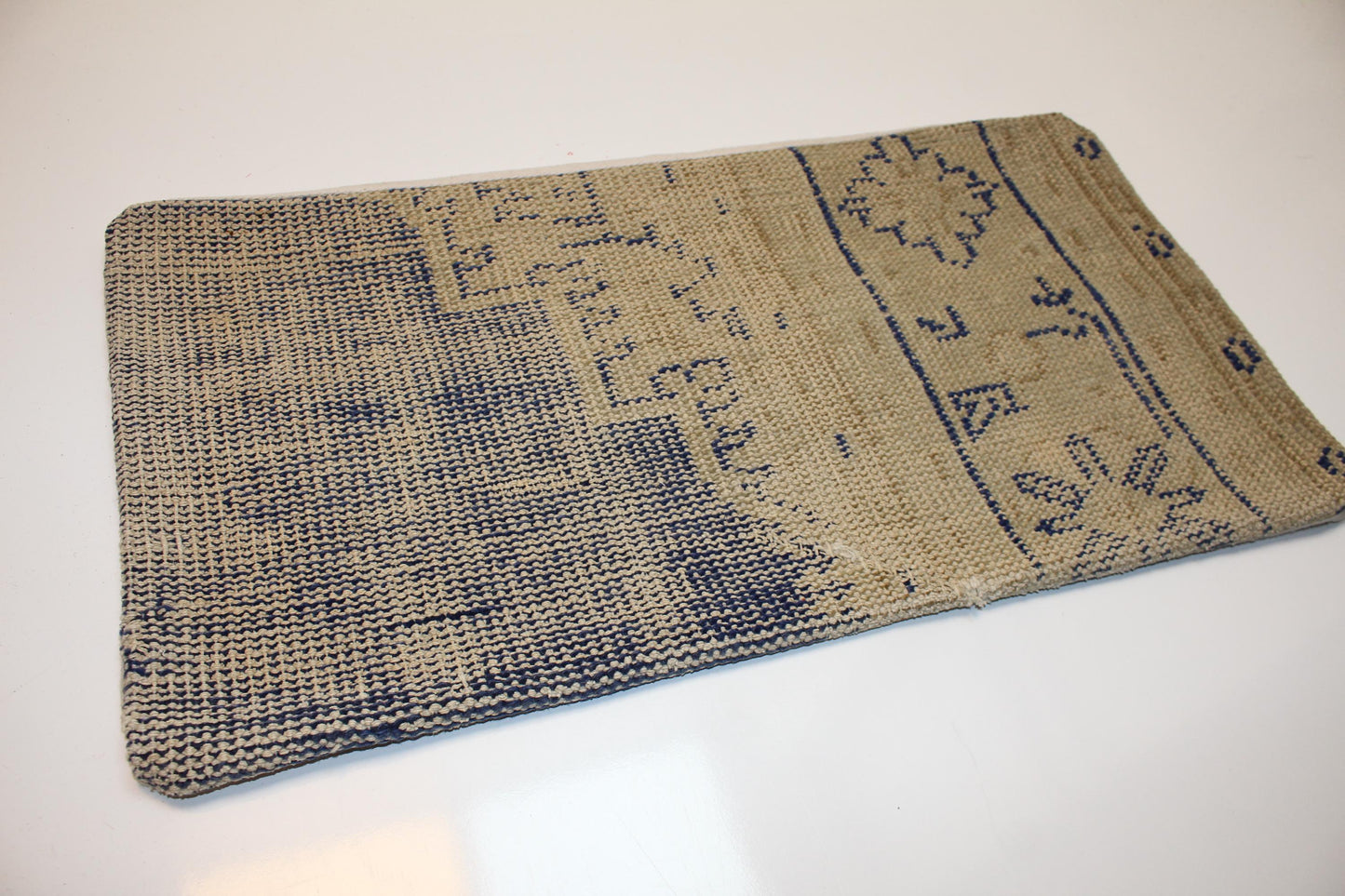 Faded Blue Tribal Rug Cushion, Neutral Anatolian Bench Pillow (12x24 in)