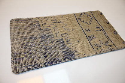 Faded Blue Tribal Rug Cushion, Neutral Anatolian Bench Pillow (12x24 in)