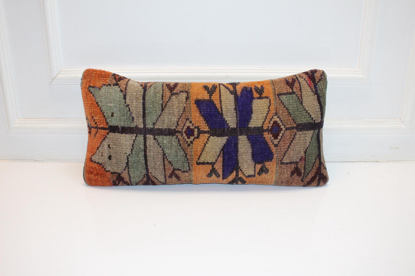 Colorful Anatolian Floral Rug Cushion, Boho Bench Pillow(12x24 in)