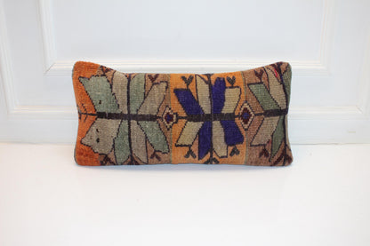 Colorful Anatolian Floral Rug Cushion, Boho Bench Pillow(12x24 in)
