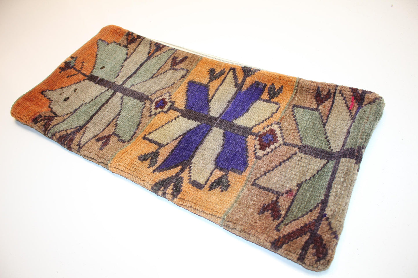 Colorful Anatolian Floral Rug Cushion, Boho Bench Pillow(12x24 in)