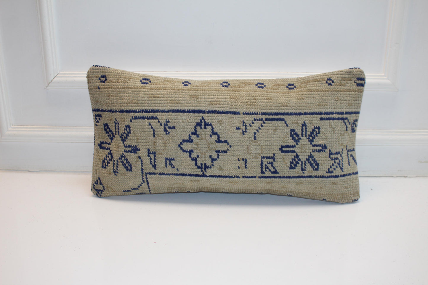 Indigo Motif Anatolian Rug Cushion, Minimal Tribal Bench Pillow(12x24 in)
