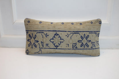 Indigo Motif Anatolian Rug Cushion, Minimal Tribal Bench Pillow(12x24 in)