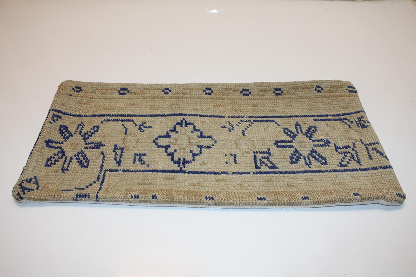 Indigo Motif Anatolian Rug Cushion, Minimal Tribal Bench Pillow(12x24 in)