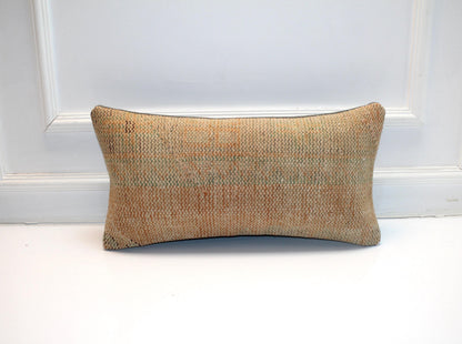 Vintage Turkish Kilim Lumbar Pillow, Beige Green Boho Cushion, 12x24