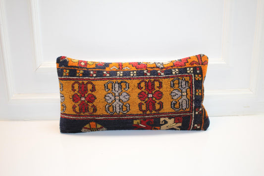 Vintage Turkish Rug Lumbar Pillow – Handwoven Kilim Cushion, Boho Decor (12x24 inch)
