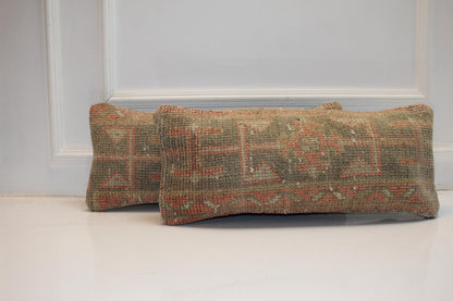 Set of 2-Soft Sage Green & Blush Pink Anatolian Rug Style Bench Cushions