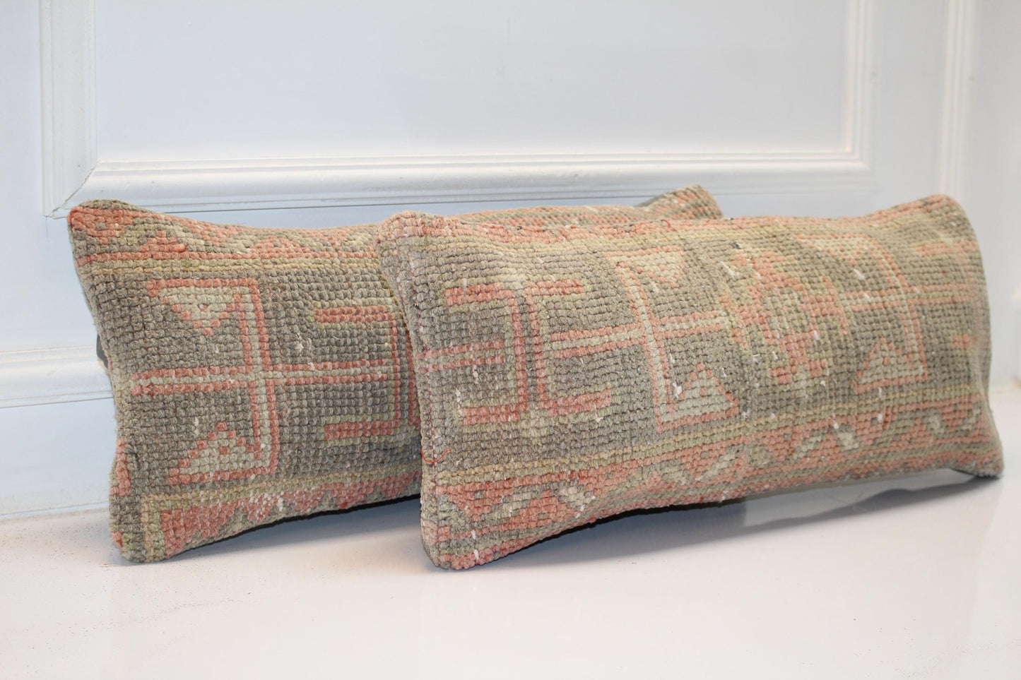 Set of 2-Soft Sage Green & Blush Pink Anatolian Rug Style Bench Cushions