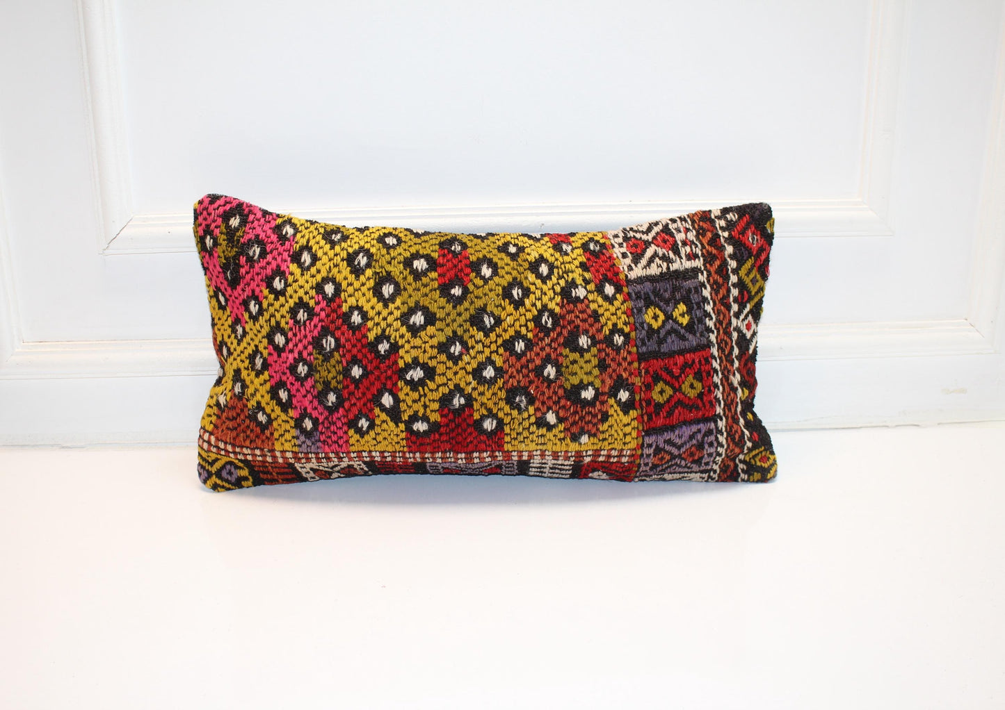 Handmade Turkish Kilim Lumbar Pillow – Pink Yellow Red, Boho Cushion 12x24