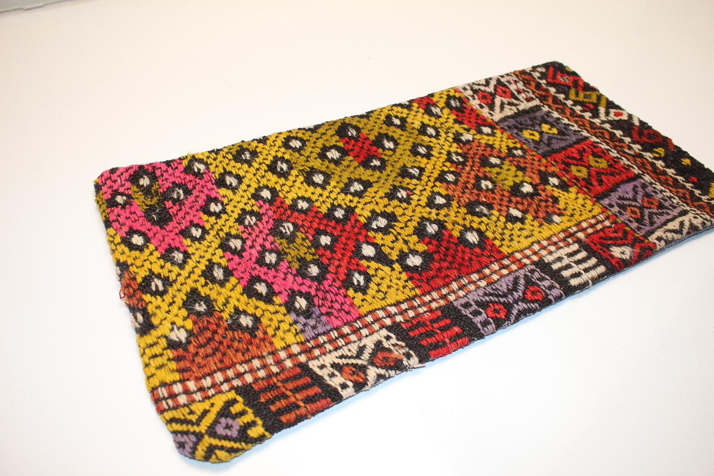 Handmade Turkish Kilim Lumbar Pillow – Pink Yellow Red, Boho Cushion 12x24