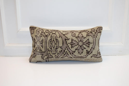 Vintage Turkish Rug Lumbar Pillow – Floral Kilim Cushion Cover, 12x24