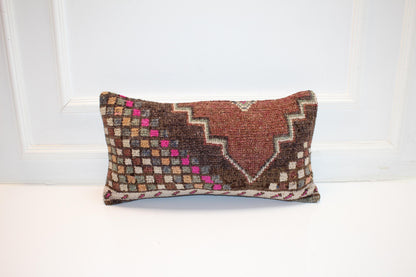 Vintage Turkish Kilim Lumbar Pillow – Brown Pink Checkered Boho Cushion, 12x24