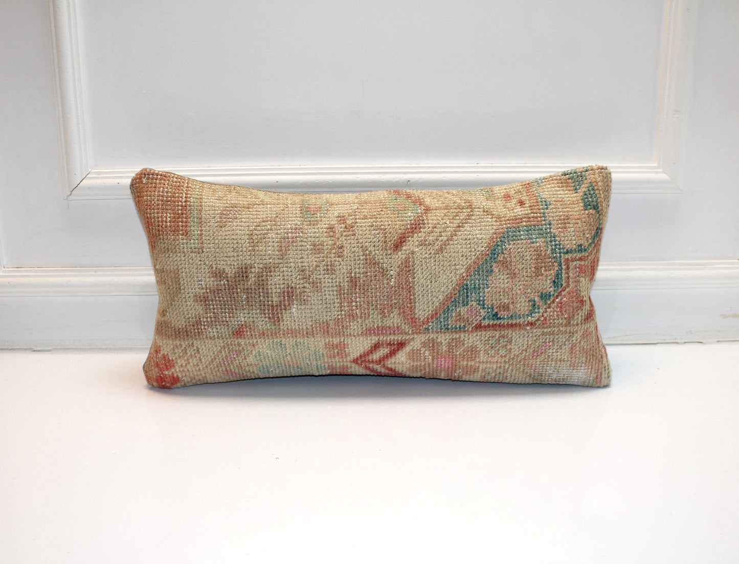 Vintage Turkish Rug Lumbar Pillow – Pastel Floral Kilim Cushion (12x24 inch)