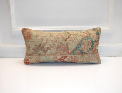 Vintage Turkish Rug Lumbar Pillow – Pastel Floral Kilim Cushion (12x24 inch)