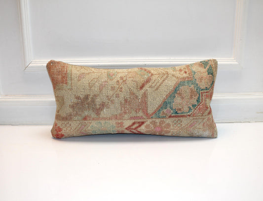 Vintage Turkish Rug Lumbar Pillow – Pastel Floral Kilim Cushion (12x24 inch)