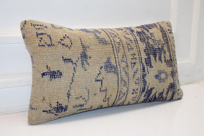 Indigo Blue Anatolian Rug Cushion, Minimal Tribal Bench Pillow Decor(12x24 in)