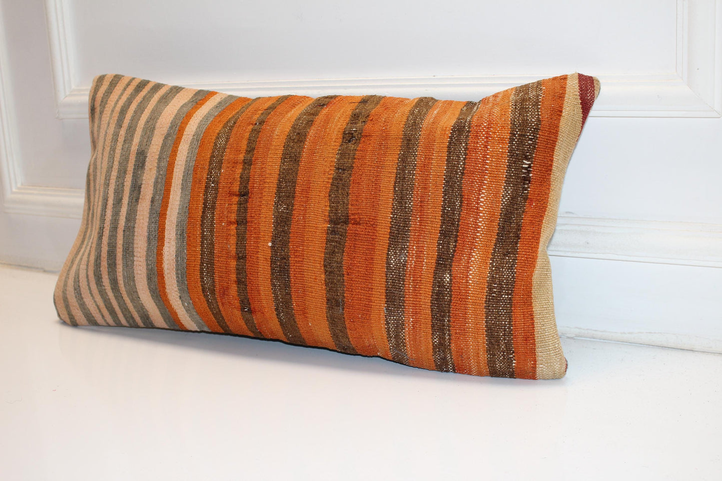 Warm Striped Anatolian Rug Cushion for Bench, Rustic Boho Home Decor(12x24 in)