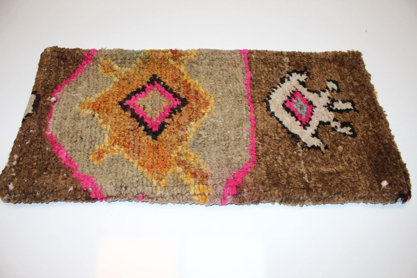 High Pile Textured Anatolian Motif Cushion with Pink Accents for Bench(12x24 in)