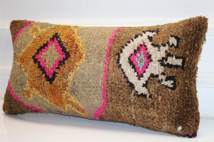High Pile Textured Anatolian Motif Cushion with Pink Accents for Bench(12x24 in)