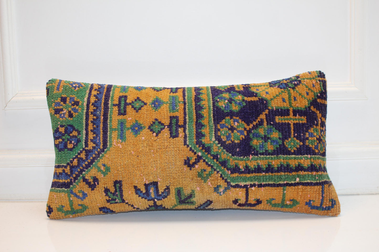 Mustard Ground Anatolian Pattern Cushion with Green Blue Motifs for Bench Decor(12x24 in)