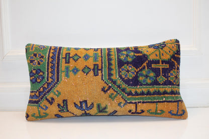 Mustard Ground Anatolian Pattern Cushion with Green Blue Motifs for Bench Decor(12x24 in)