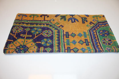 Mustard Ground Anatolian Pattern Cushion with Green Blue Motifs for Bench Decor(12x24 in)