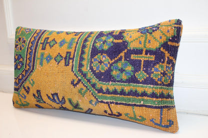 Mustard Ground Anatolian Pattern Cushion with Green Blue Motifs for Bench Decor(12x24 in)