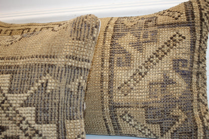 Set of 2 Muted Geometric Anatolian Rug Cushions in Earthy Neutrals for Bench(12x24 in)