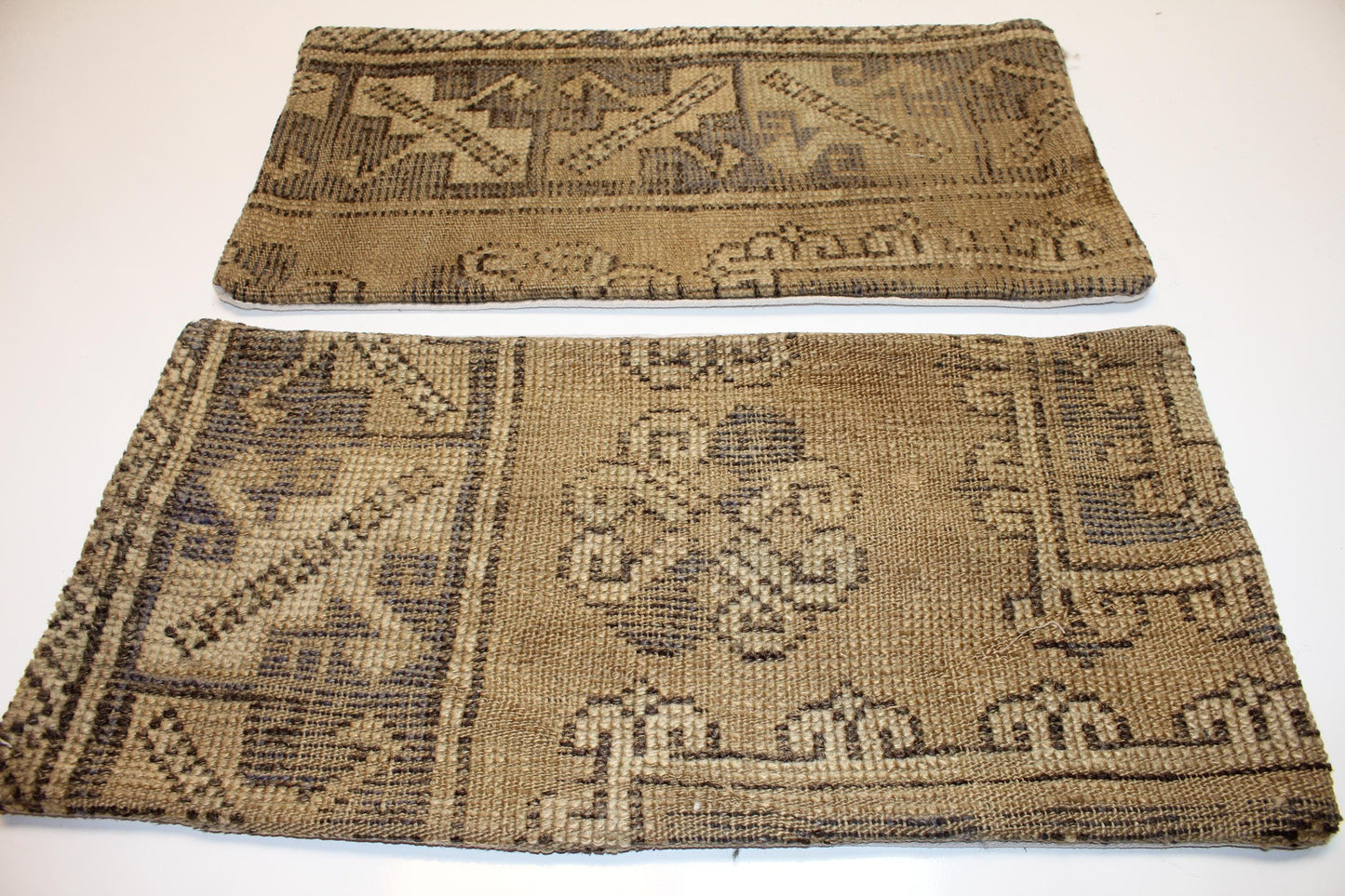 Set of 2 Muted Geometric Anatolian Rug Cushions in Earthy Neutrals for Bench(12x24 in)
