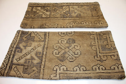 Set of 2 Muted Geometric Anatolian Rug Cushions in Earthy Neutrals for Bench(12x24 in)