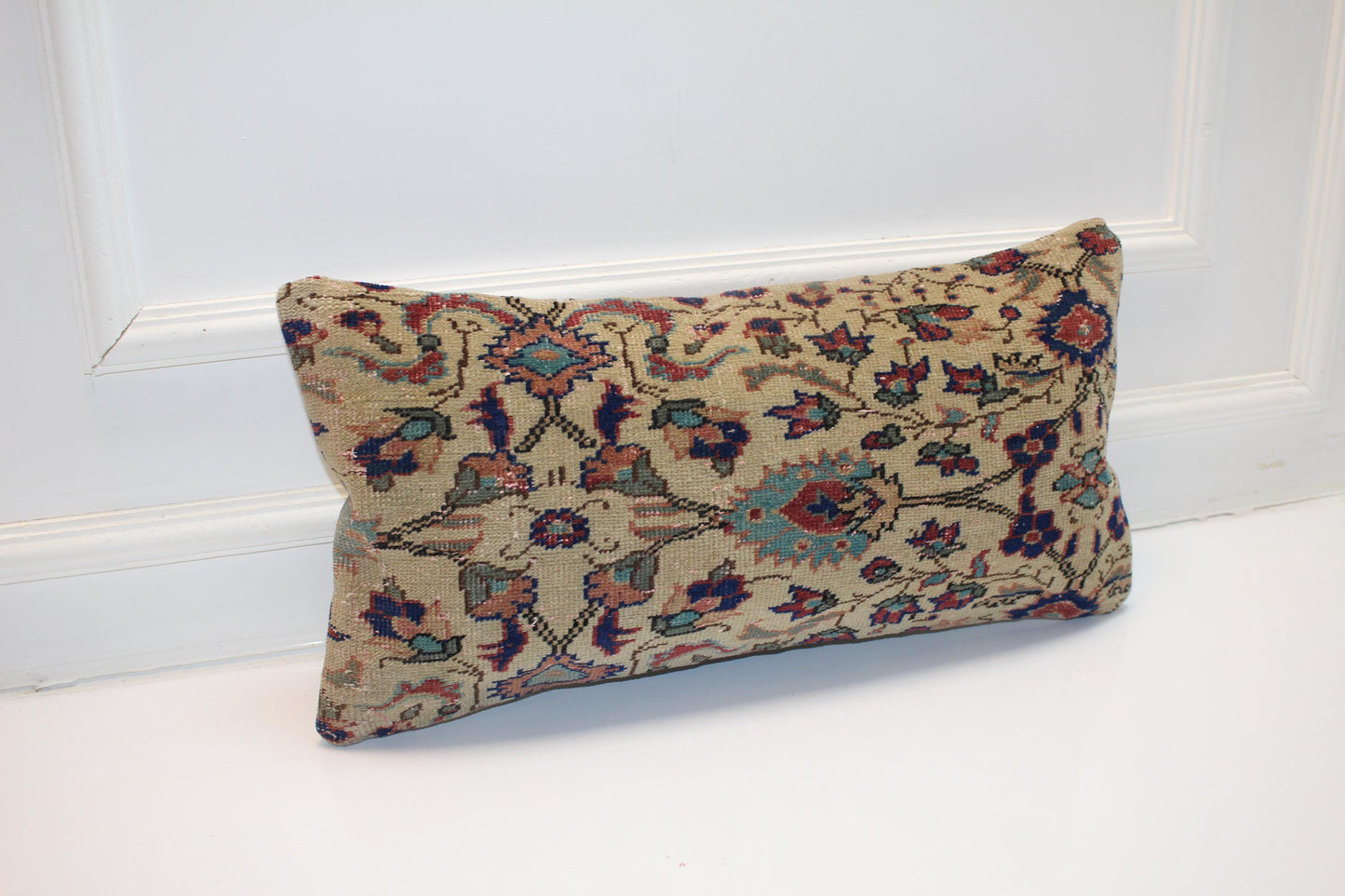 Vintage Turkish Rug Lumbar Pillow • Floral Kilim Throw Cover 12x24