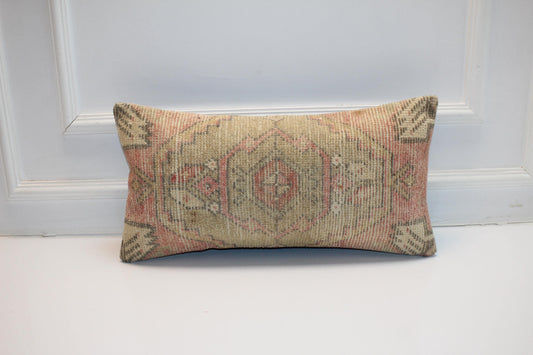 Vintage Turkish Rug Lumbar Pillow • Soft Beige & Dusty Pink Kilim Cushion • Faded Tribal Pattern Decorative Pillow Cover 12x24 inch