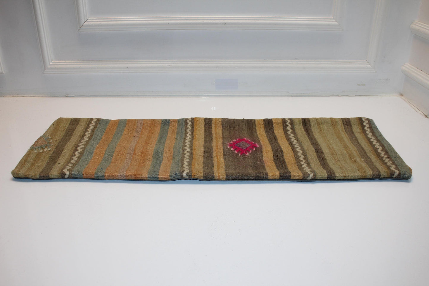 Vintage Turkish Kilim Lumbar Pillow Cover, Striped Rug Cushion (12x36 in)