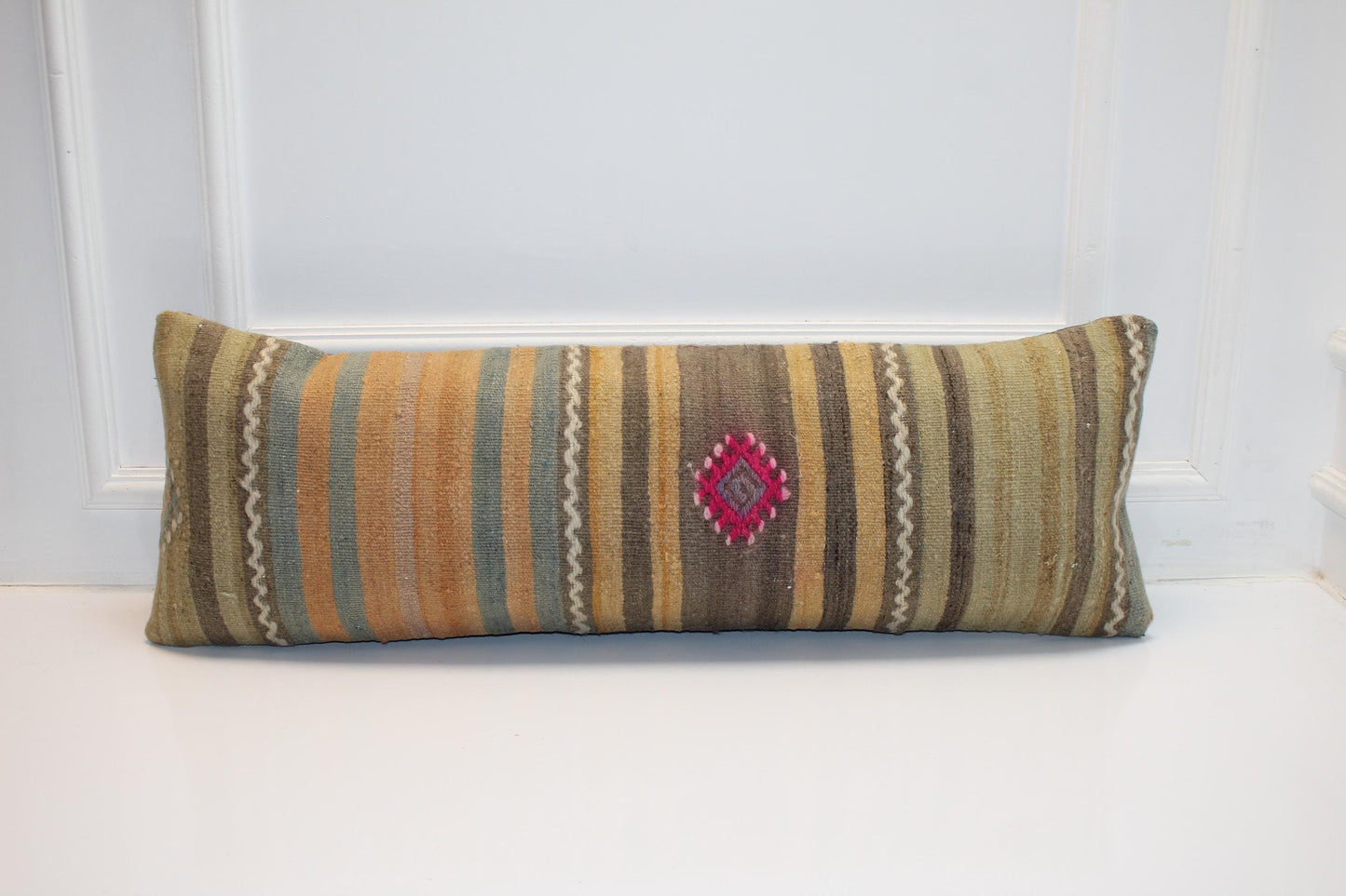 Vintage Turkish Kilim Lumbar Pillow Cover, Striped Rug Cushion (12x36 in)