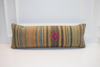 Vintage Turkish Kilim Lumbar Pillow Cover, Striped Rug Cushion (12x36 in)