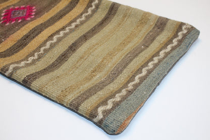 Vintage Turkish Kilim Lumbar Pillow Cover, Striped Rug Cushion (12x36 in)