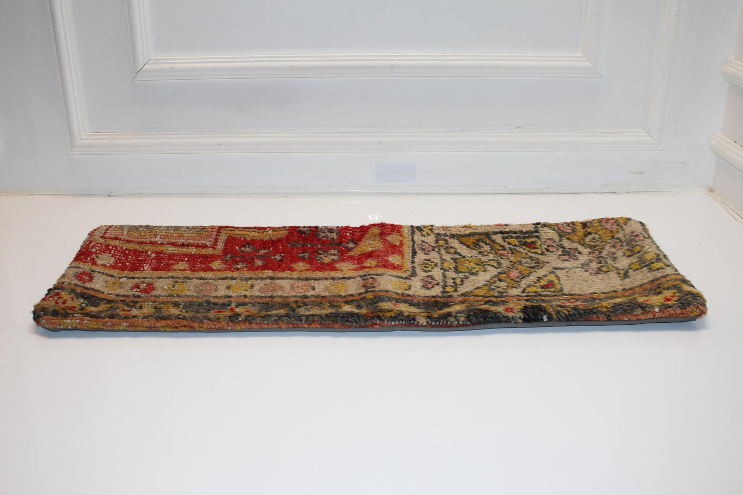 Vintage Turkish Kilim Lumbar Pillow Cover, Red Mustard Tribal Rug Cushion (12x36 in)