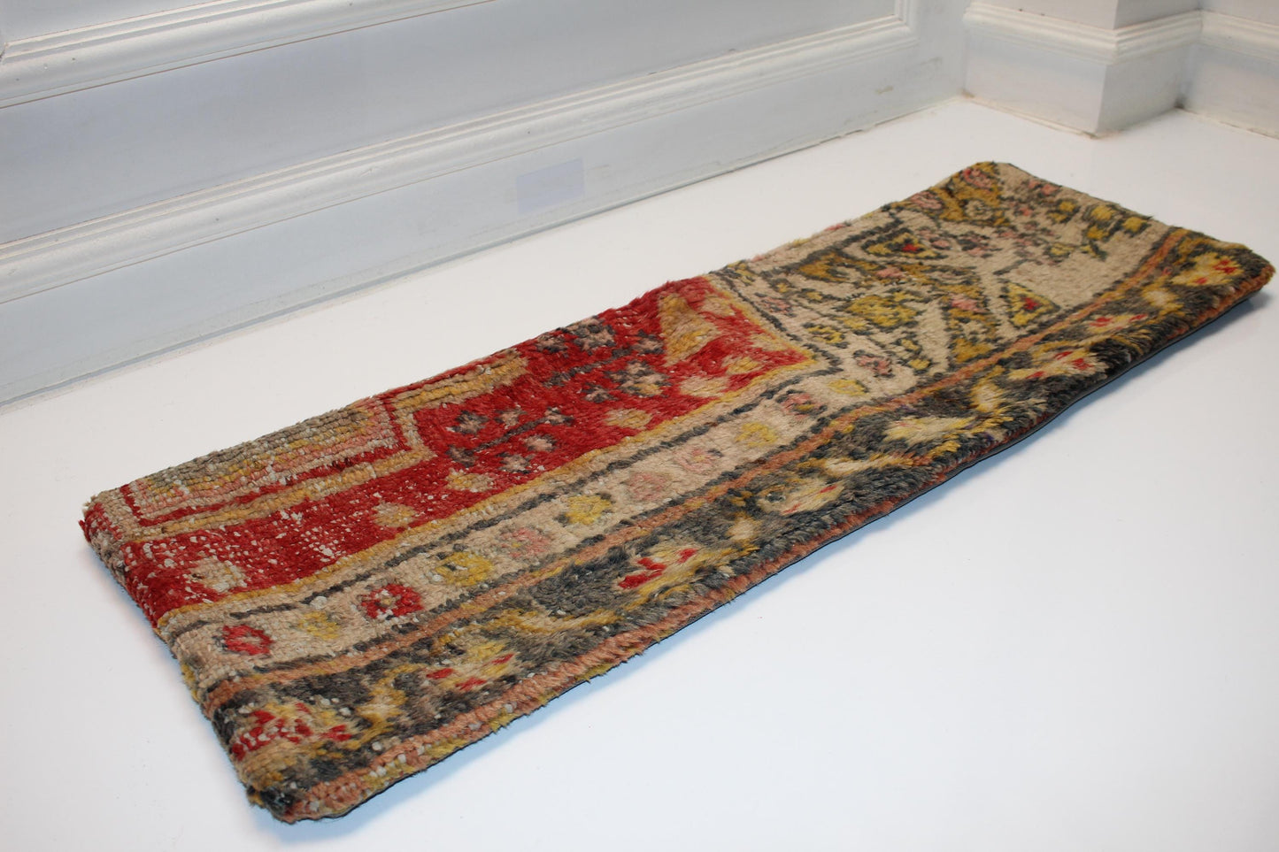 Vintage Turkish Kilim Lumbar Pillow Cover, Red Mustard Tribal Rug Cushion (12x36 in)