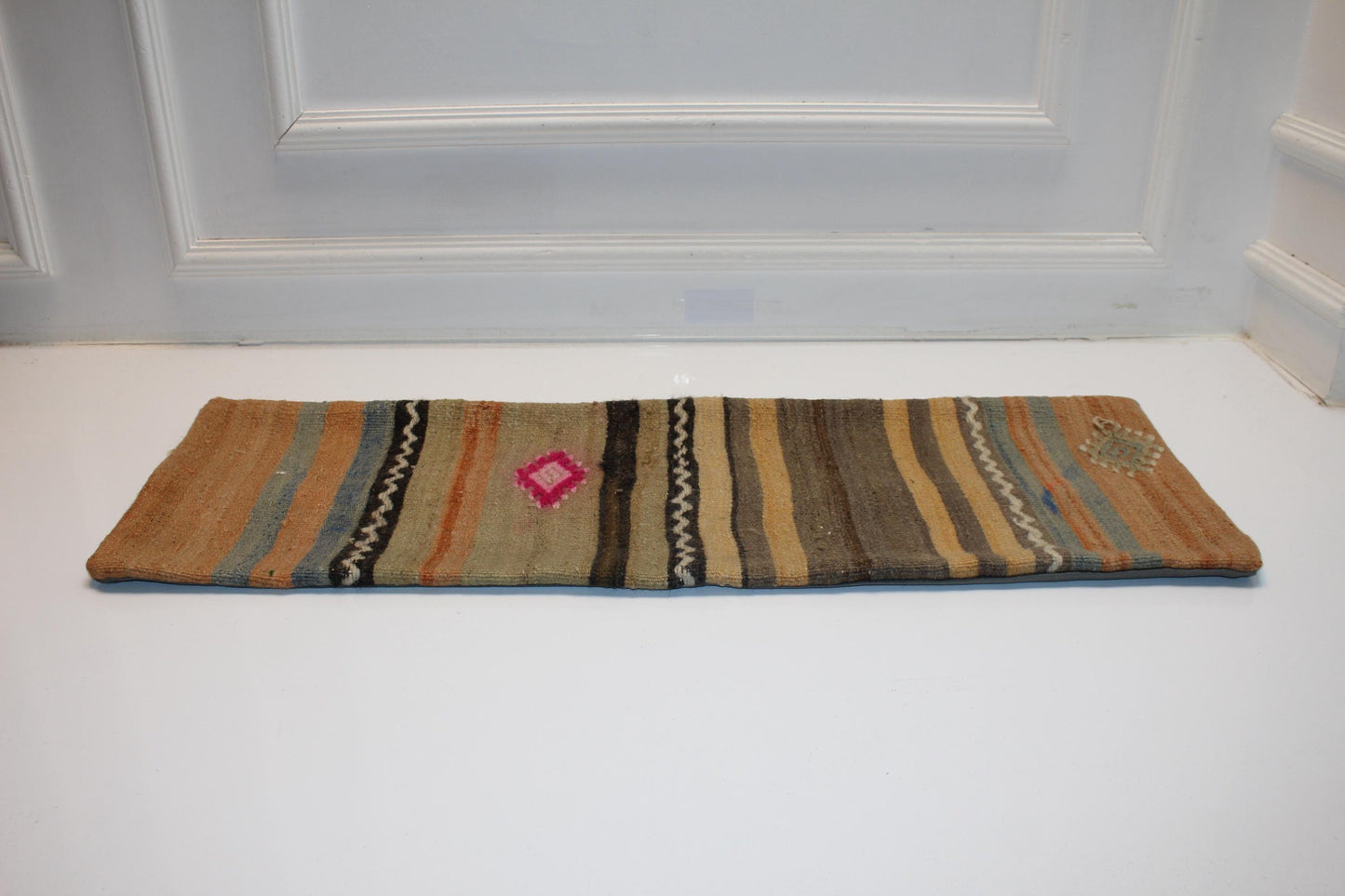 Vintage Turkish Kilim Lumbar Pillow Cover, Mustard Blue Striped Cushion (12x36 in)