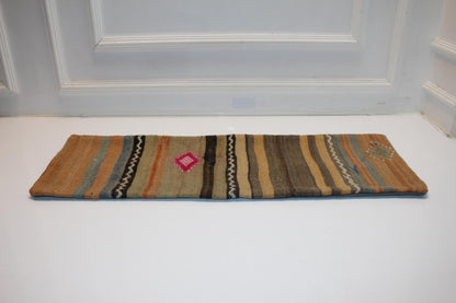 Vintage Turkish Kilim Lumbar Pillow Cover, Mustard Blue Striped Cushion (12x36 in)