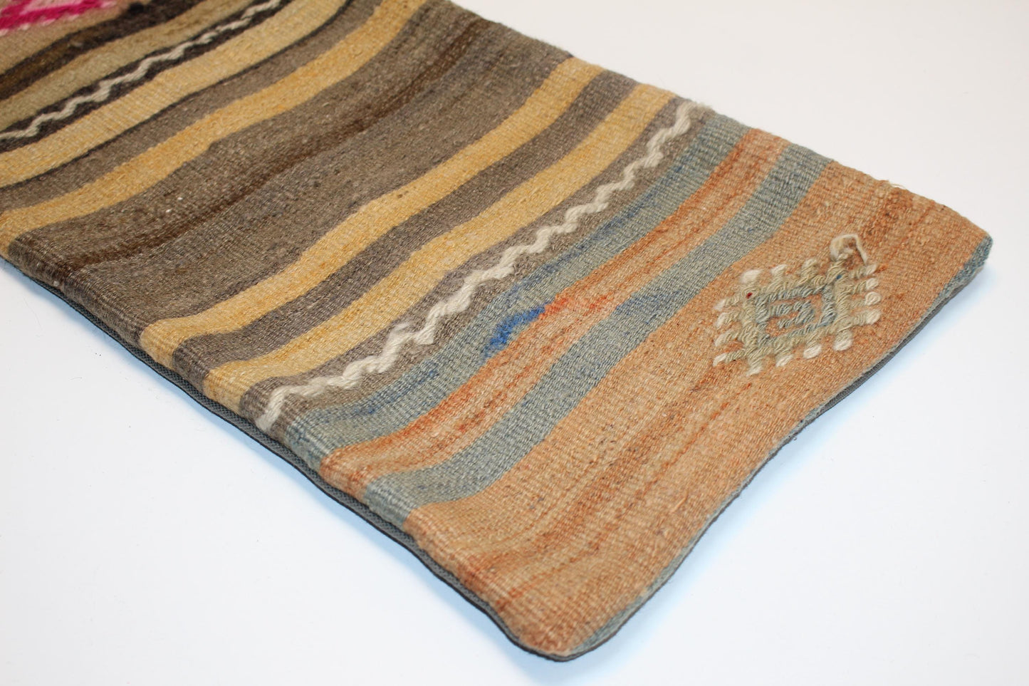 Vintage Turkish Kilim Lumbar Pillow Cover, Mustard Blue Striped Cushion (12x36 in)