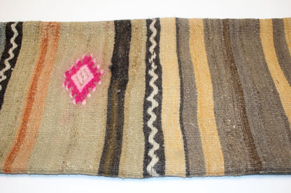 Vintage Turkish Kilim Lumbar Pillow Cover, Mustard Blue Striped Cushion (12x36 in)