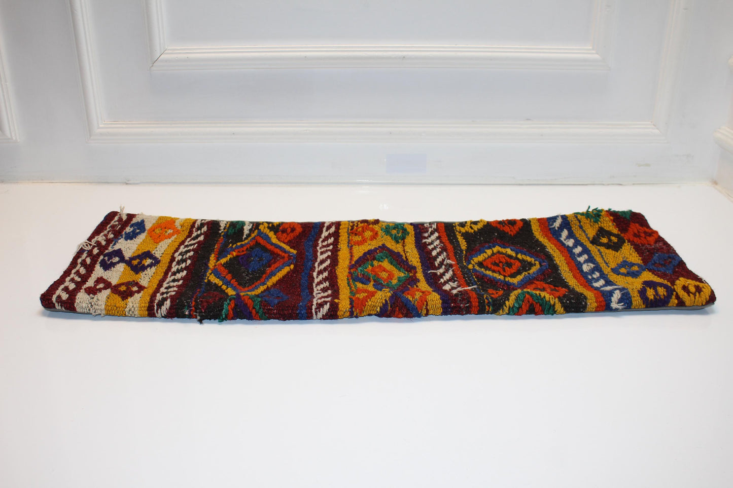 Vintage Kilim Lumbar Pillow Cover, Tribal Geometric Wool Cushion (12x36 in)